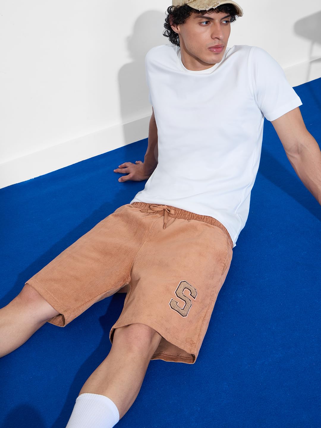 The Souled Store Lounge Shorts: Dawn Men and Boys Drawstringed Beige Embroidered Cotton Lounge Shorts