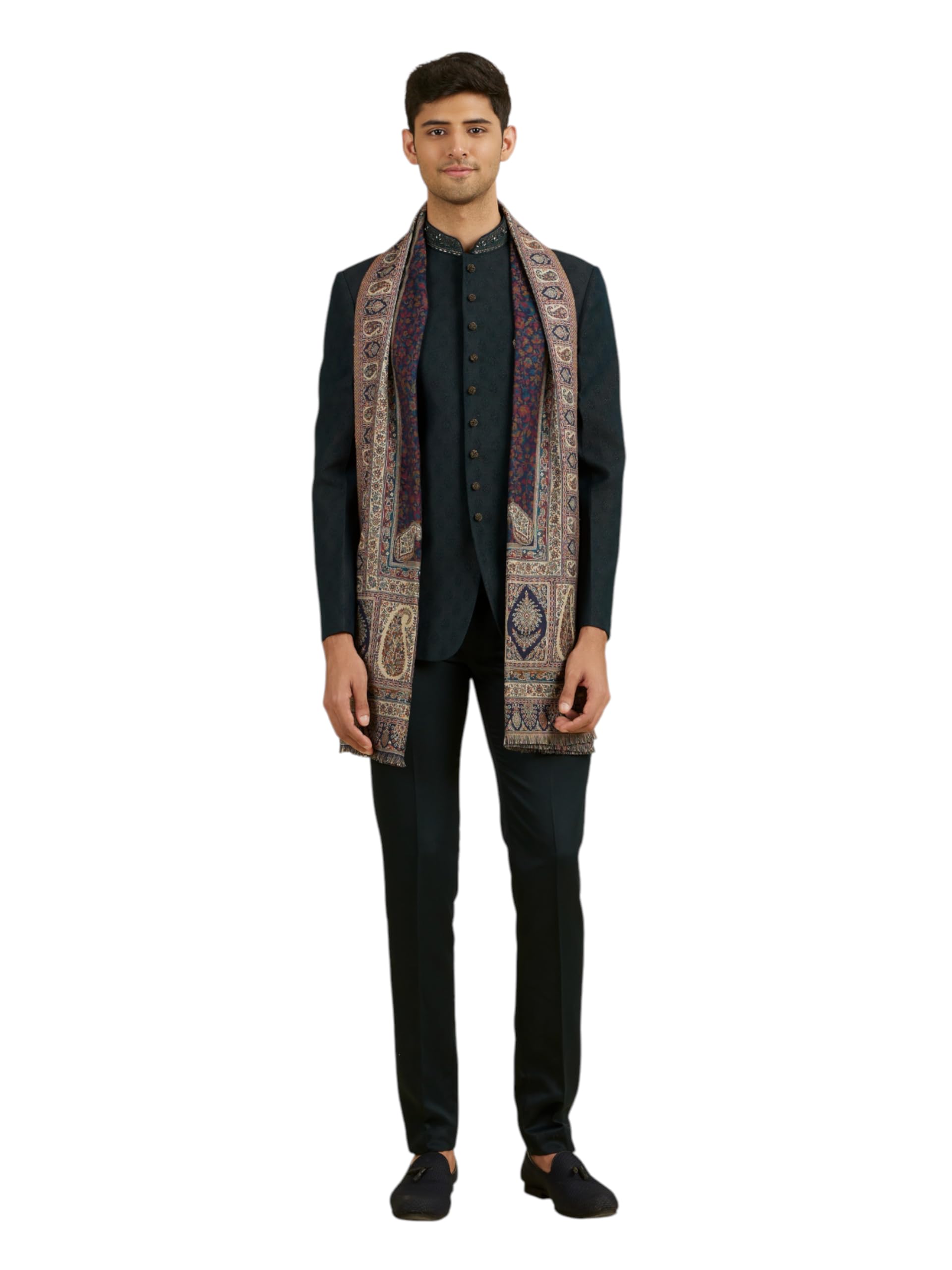Manyavar Mens Floral Jaal Patterned Shawl (Dark Blue)