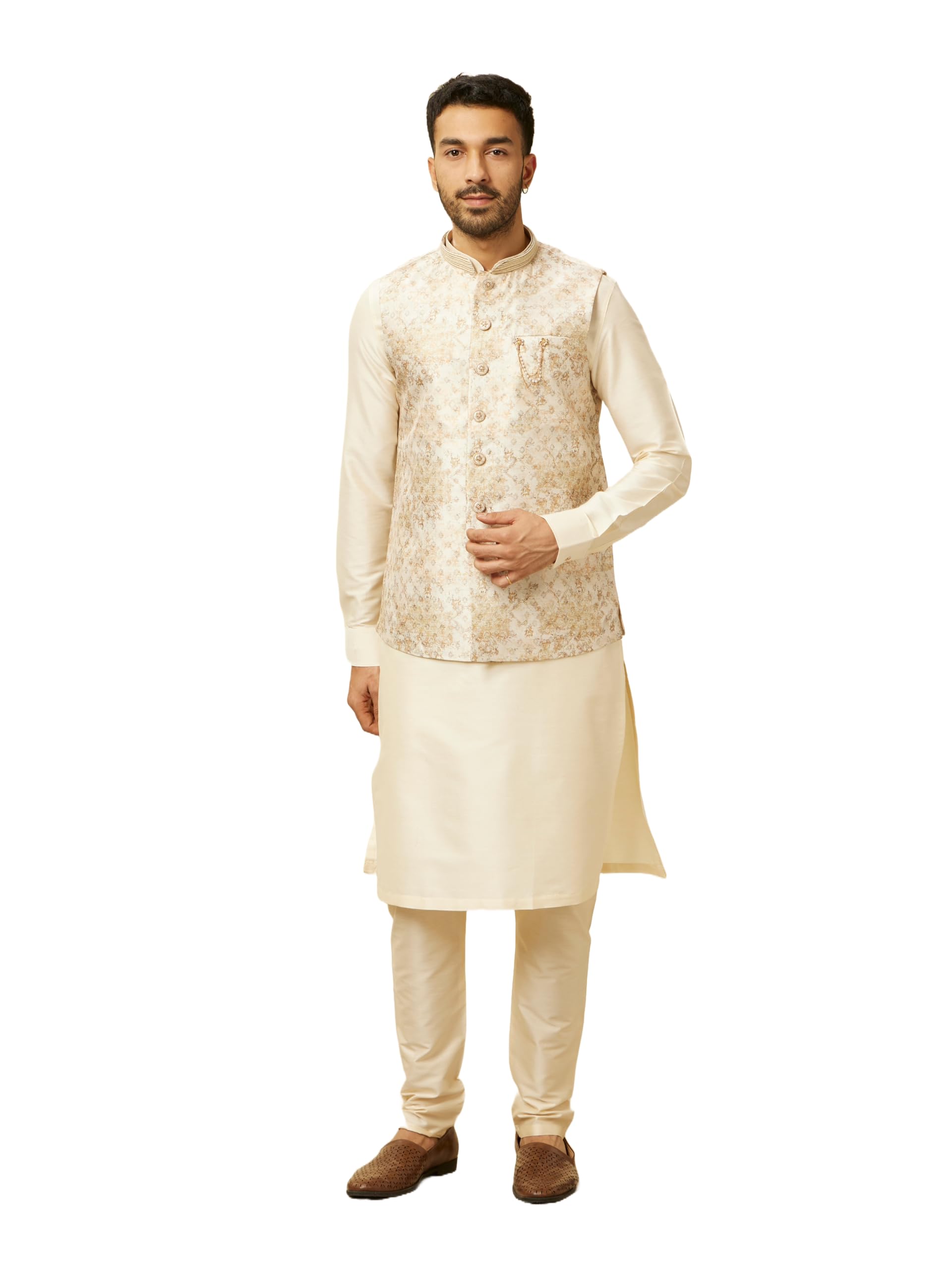 Manyavar Cream Art Silk Foil Print Kurta Jacket Set