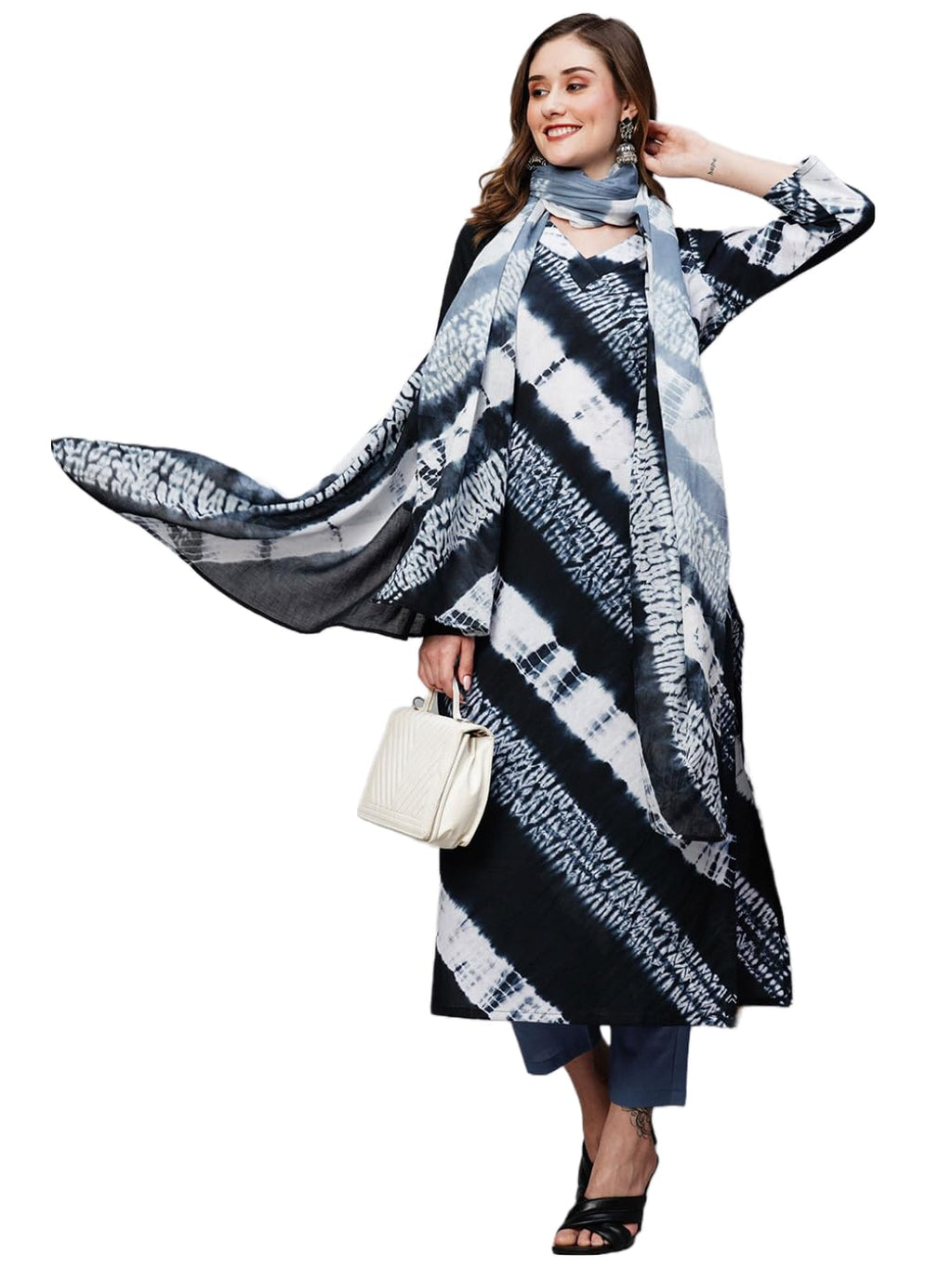 Gosriki Women'S Cotton Blend Straight Printed Kurta With Pant & Dupatta (Sana Blue-Gs_L_Blue_Large)