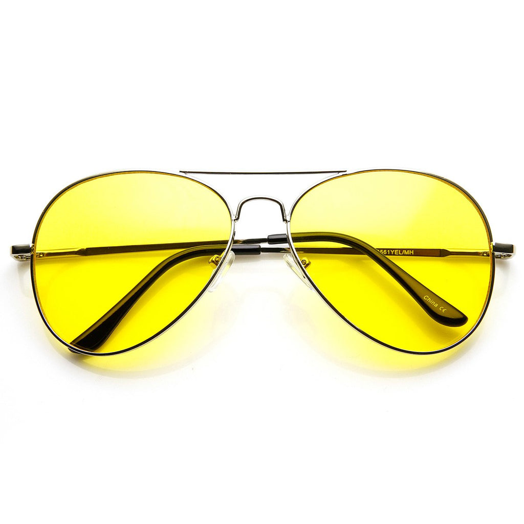 zeroUV Classic Metal Frame Yellow Tinted Night Driving Aviator Sunglasses (Silver-Black Yellow)