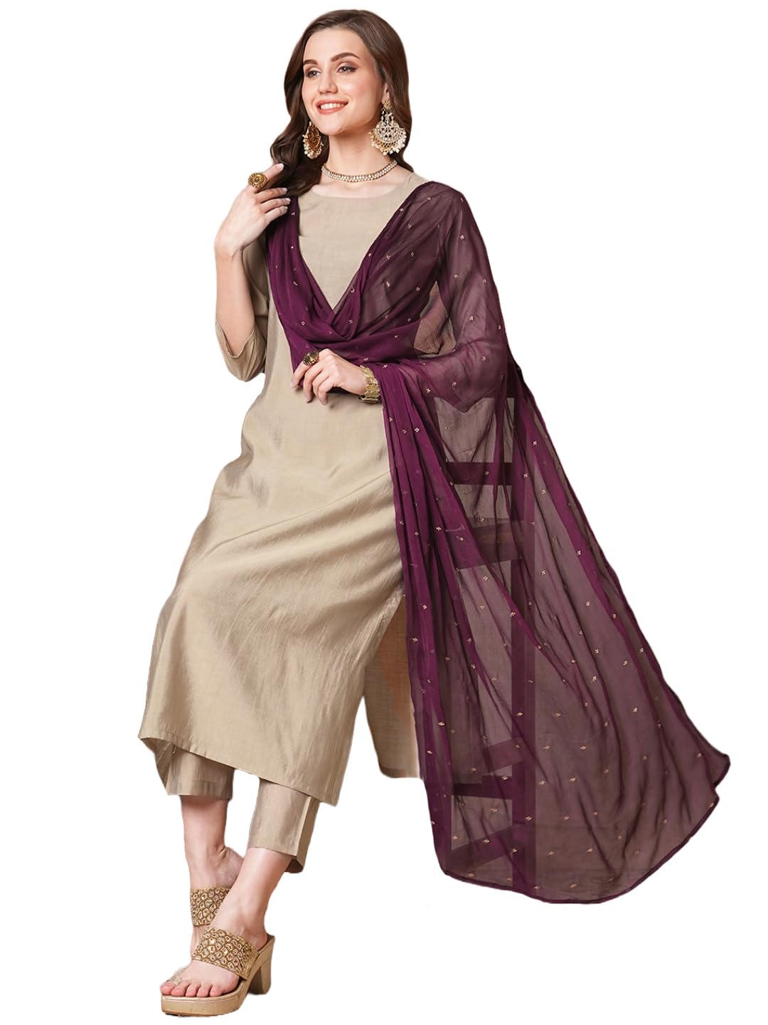 ANNI DESIGNER Womens Rayon Blend Straight Embroidered Kurta with Pant & Dupatta (BRIBITI BEIGE-VKS03_XXL_Beige_XX-Large)