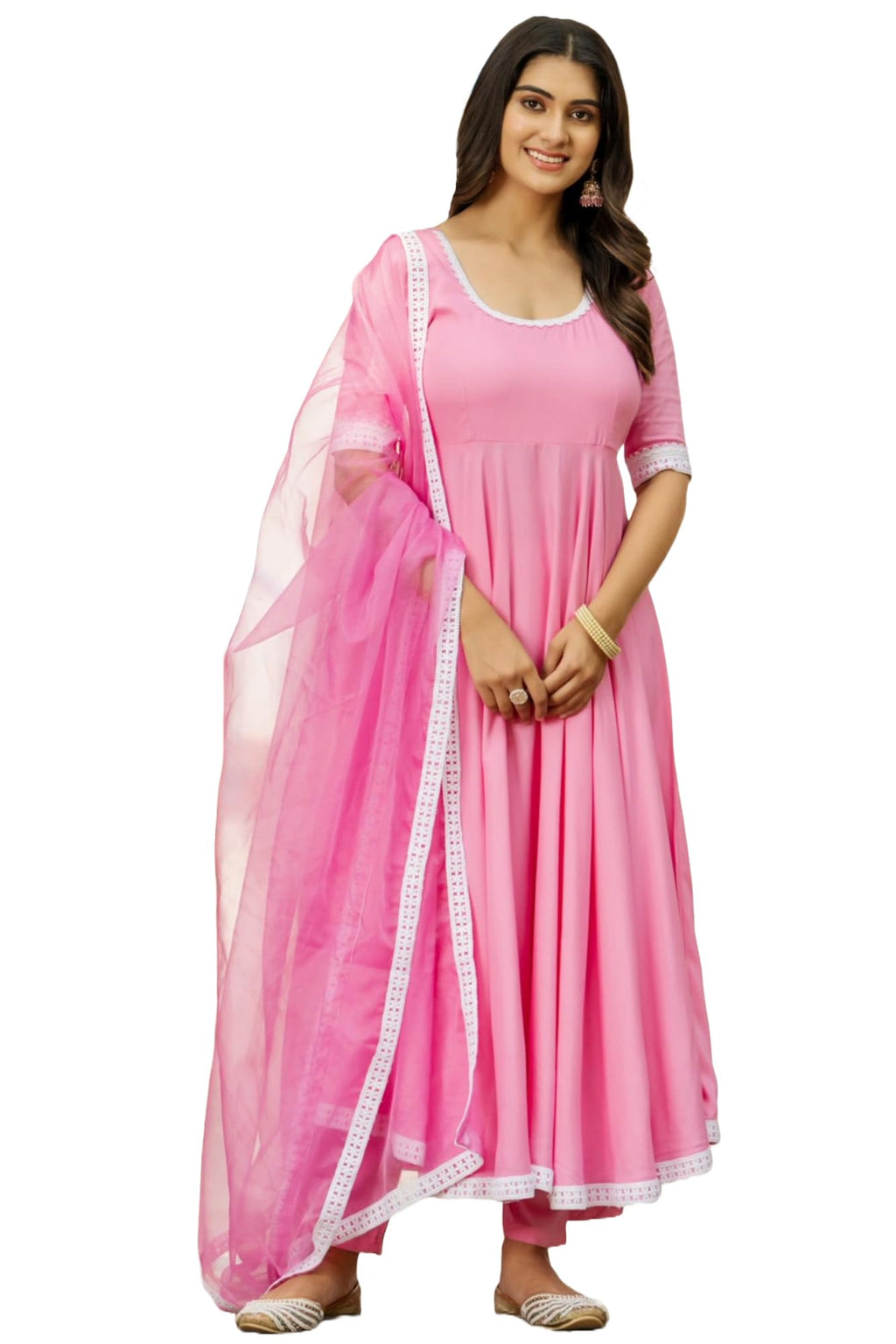 ANNI DESIGNER Womens Rayon Blend Anarkali Solid Kurta with Pant & Dupatta (TIESTA Baby Pink_M_Baby Pink_Medium)