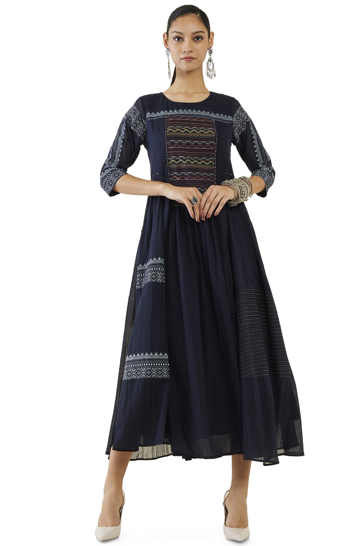 Soch Women Navy Blue Cotton Embroidery Dress Kurta (Navy Blue_L)