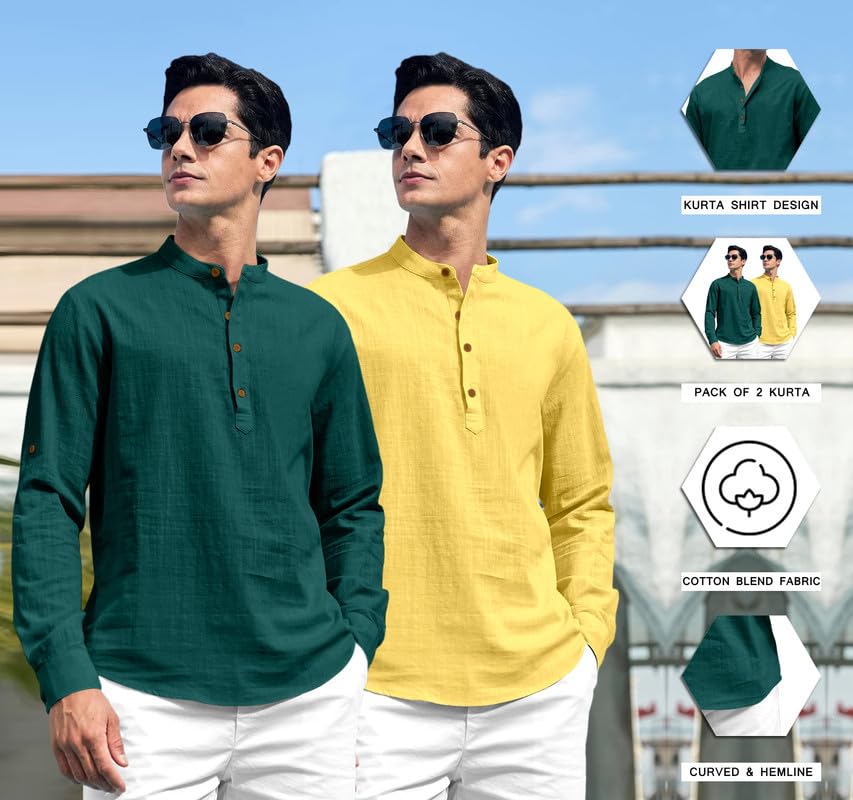 Royalscout Combo Of MenS Solid Cotton Blend Full Sleeve Straight Kurta Shirt (Pack Of 2) Green-Yellow