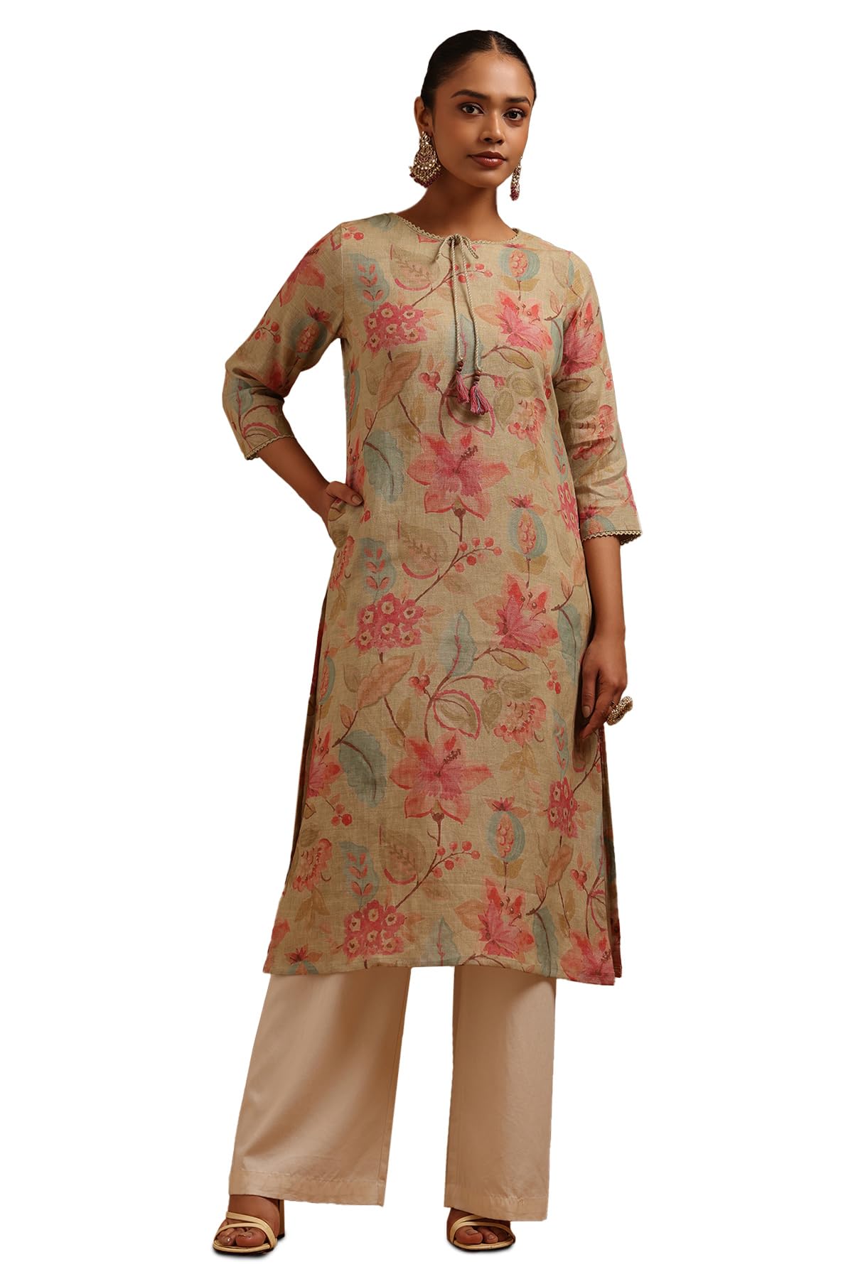 Soch Women Linen Floral Kurta with Tassels