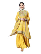 Ishin Women'S Poly Georgette A-Line Embroidered Sequinned Floral Print Mustard Kurta Suit Set With Sharara Inwsd0308_Yl_L_Mustar