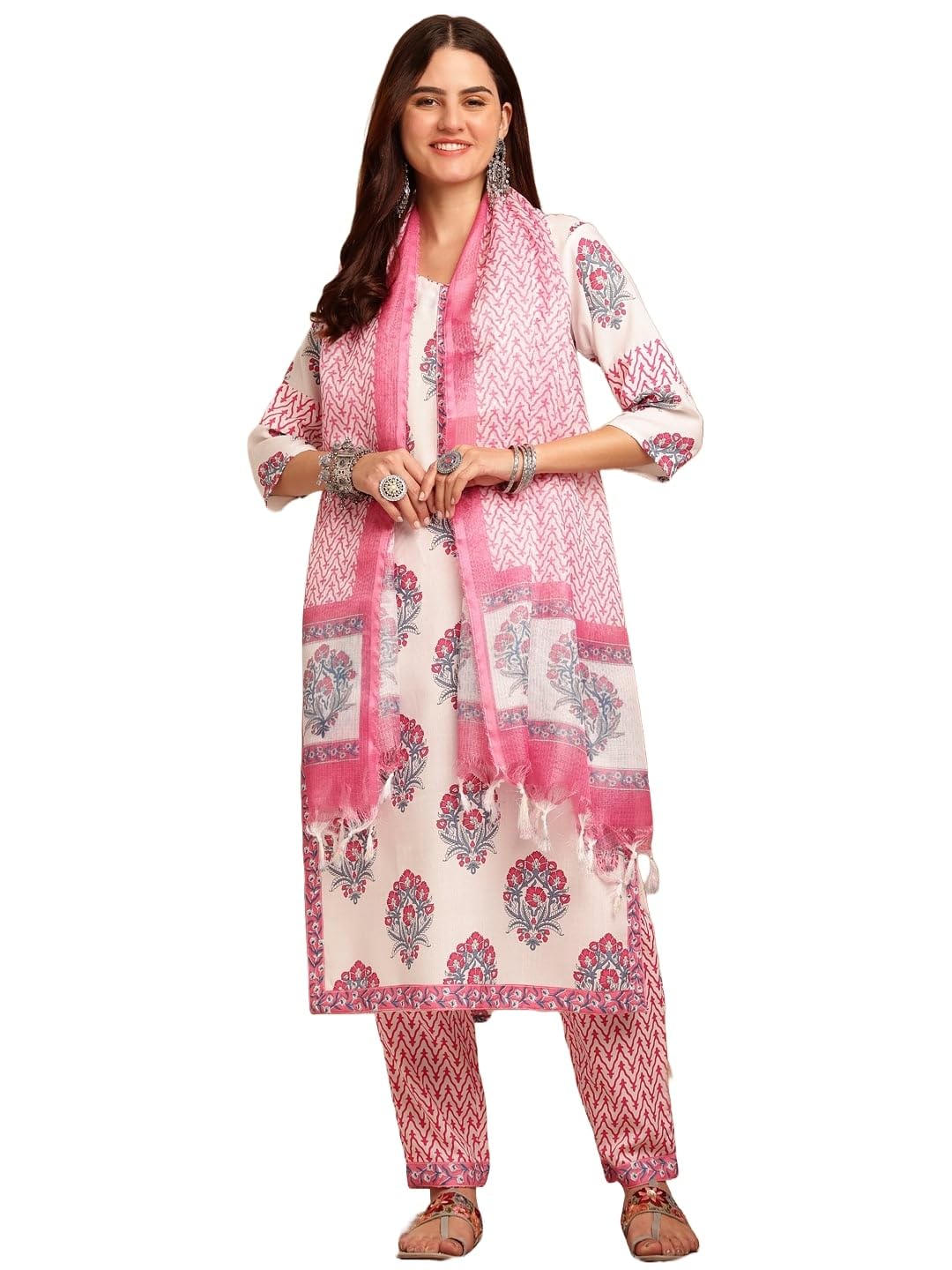 Lookmark Kurta Set: Ethnic Elegance In Every Stitch! Embrace Traditional Elegance With Our Printed Kurti Pant Dupatta Sets! Pink
