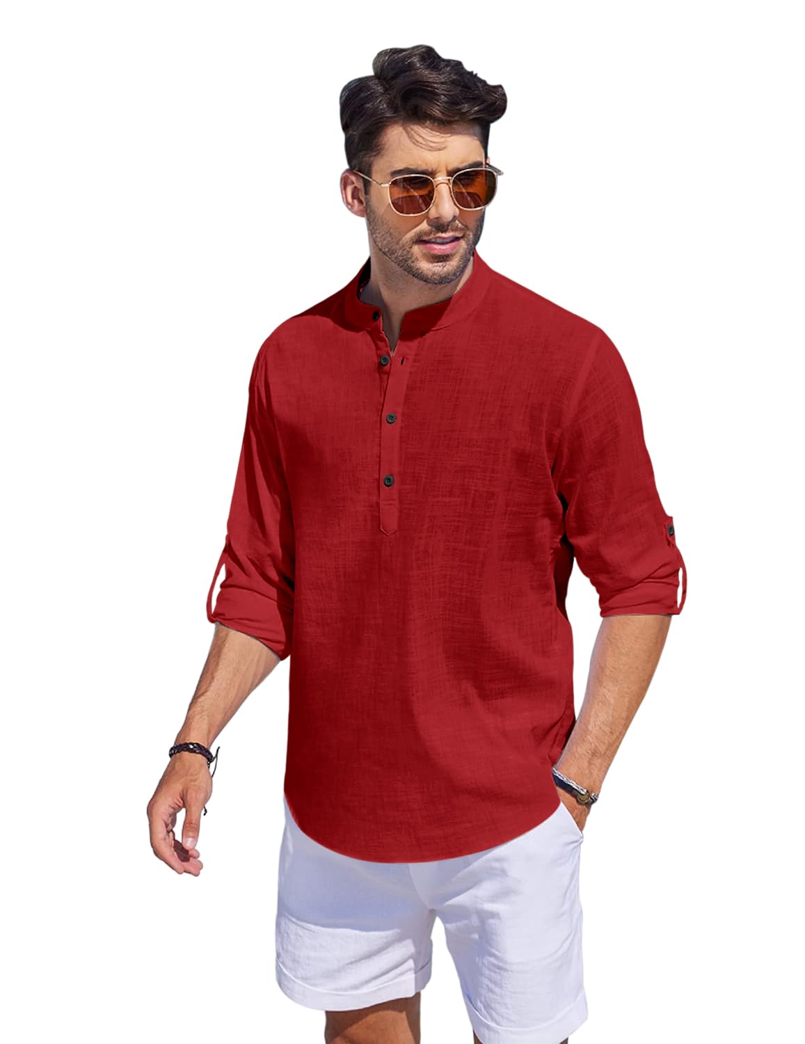 Hemrin Men Solid Cotton Blend Straight Kurta Shirt Maroon