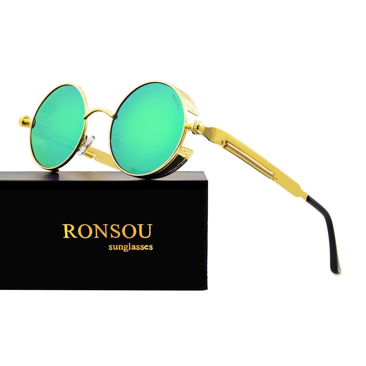 RONSOU Steampunk Style Round Vintage Polarized Sunglasses Retro Eyewear UV400 Protection Matel Frame Golden Frame Green Lens