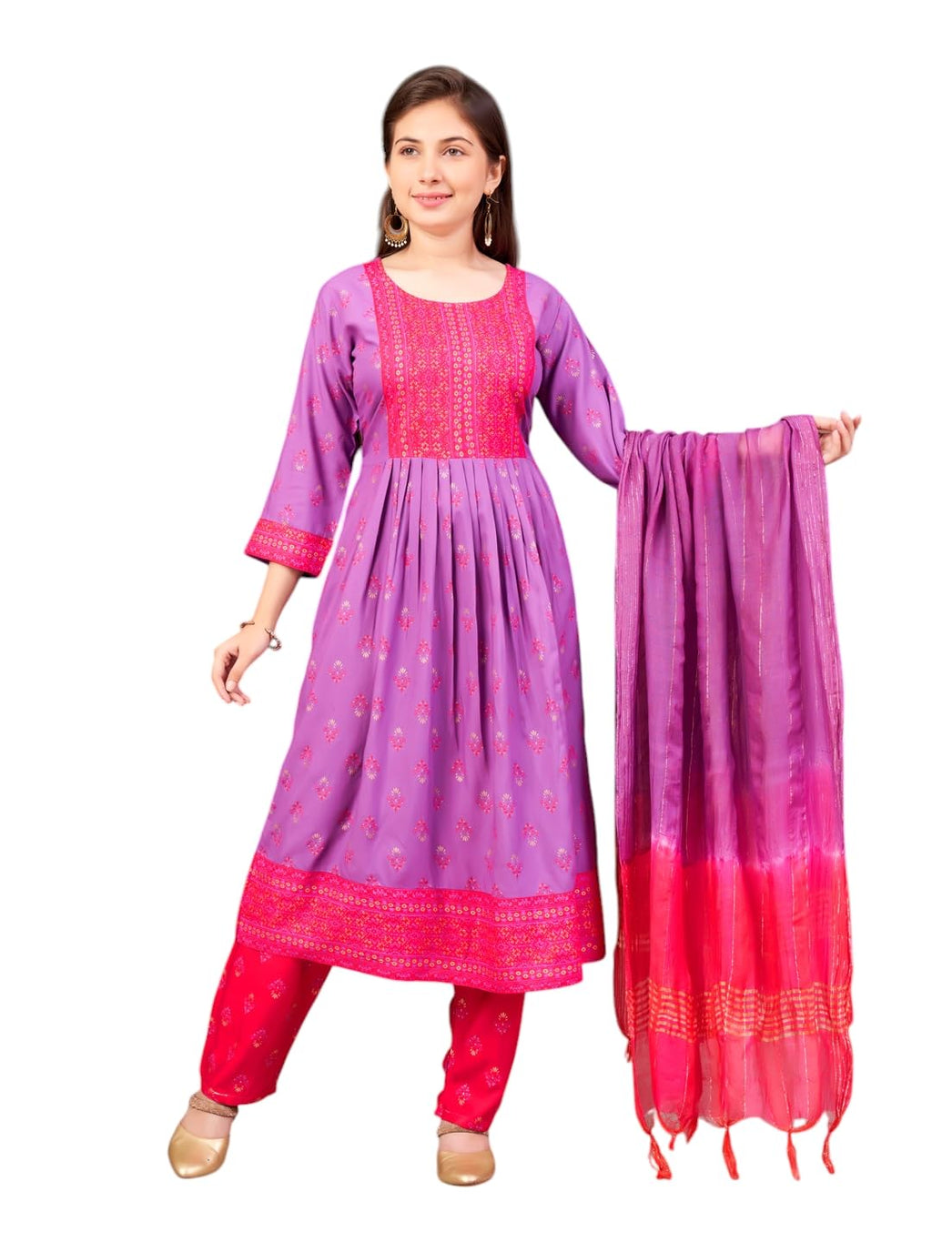 Aarika Girls Ethnic Wear Purple-Rani Colour Foil Print Rayon Kurti-8-15 Years (Kurti-Ap-802)