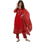 Ishin Women'S Red Embroidered Straight Kurta Set With Trouser And Dupatta