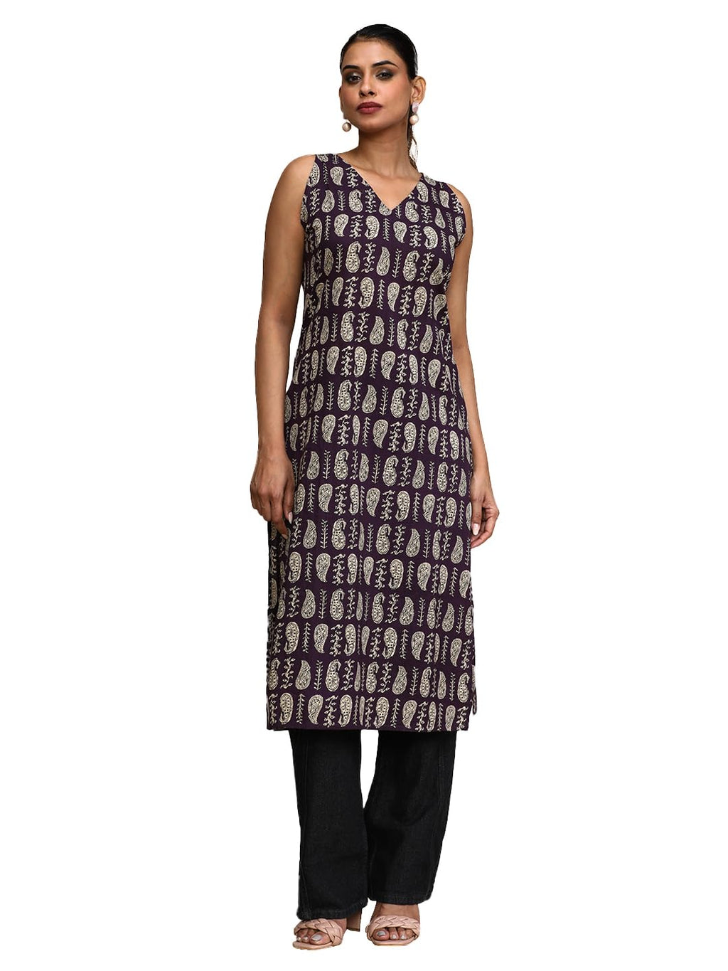 Varanga Women Paisley Printed V Neck Sleeveless Kurta Purple