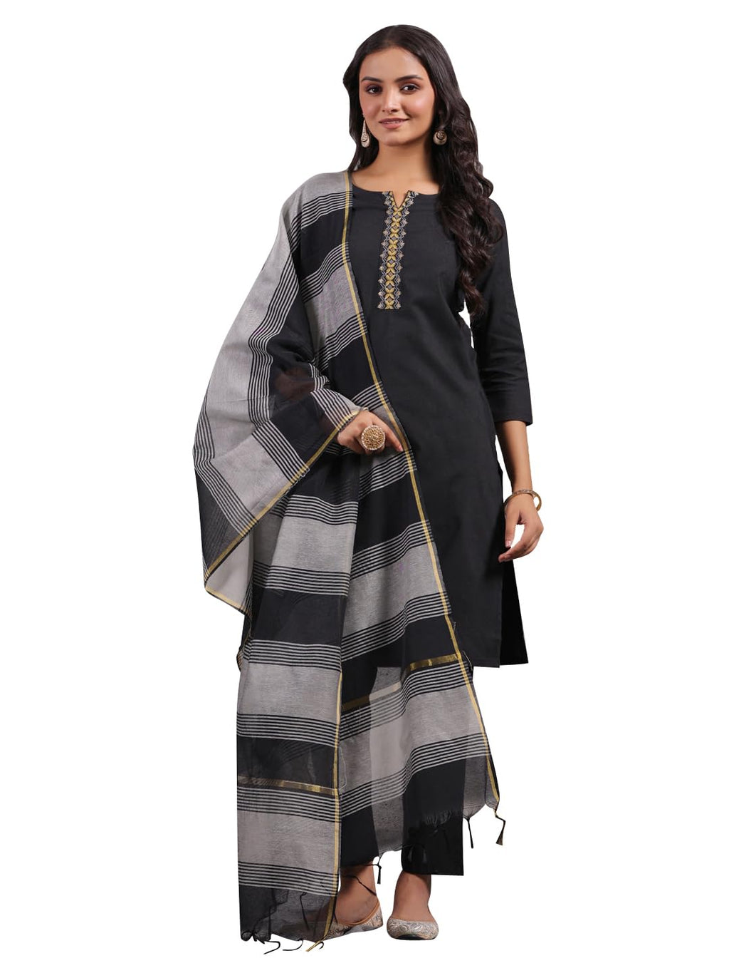 Anubhutee Women'S Black Ethnic Motifs Straight Kurta Withtrousers & Dupatta