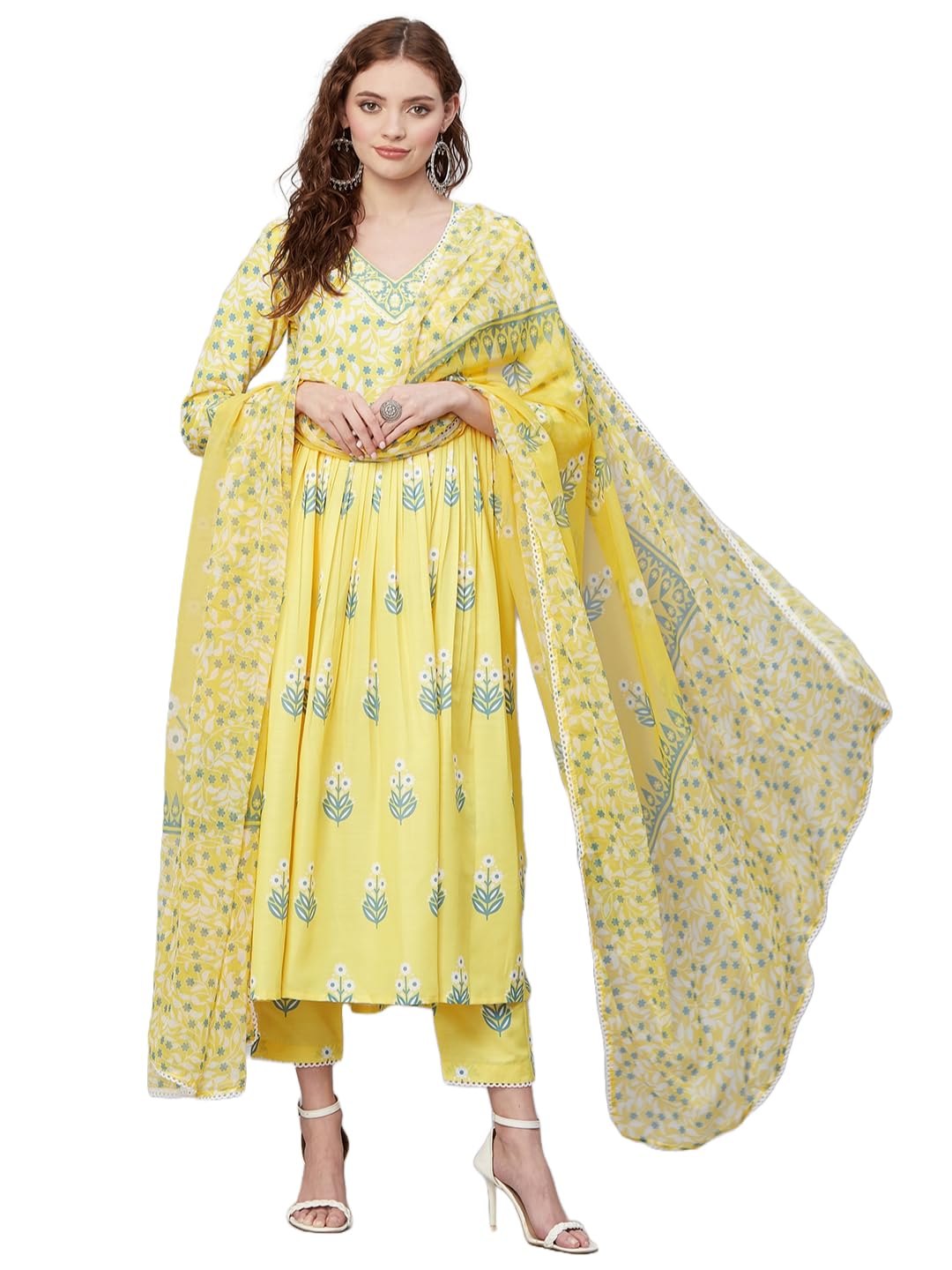 ANNI DESIGNER Womens Rayon Anarkali Printed Kurta with Pant & Dupatta (Renu-Yellow_3XL_Yellow_XXX-Large)