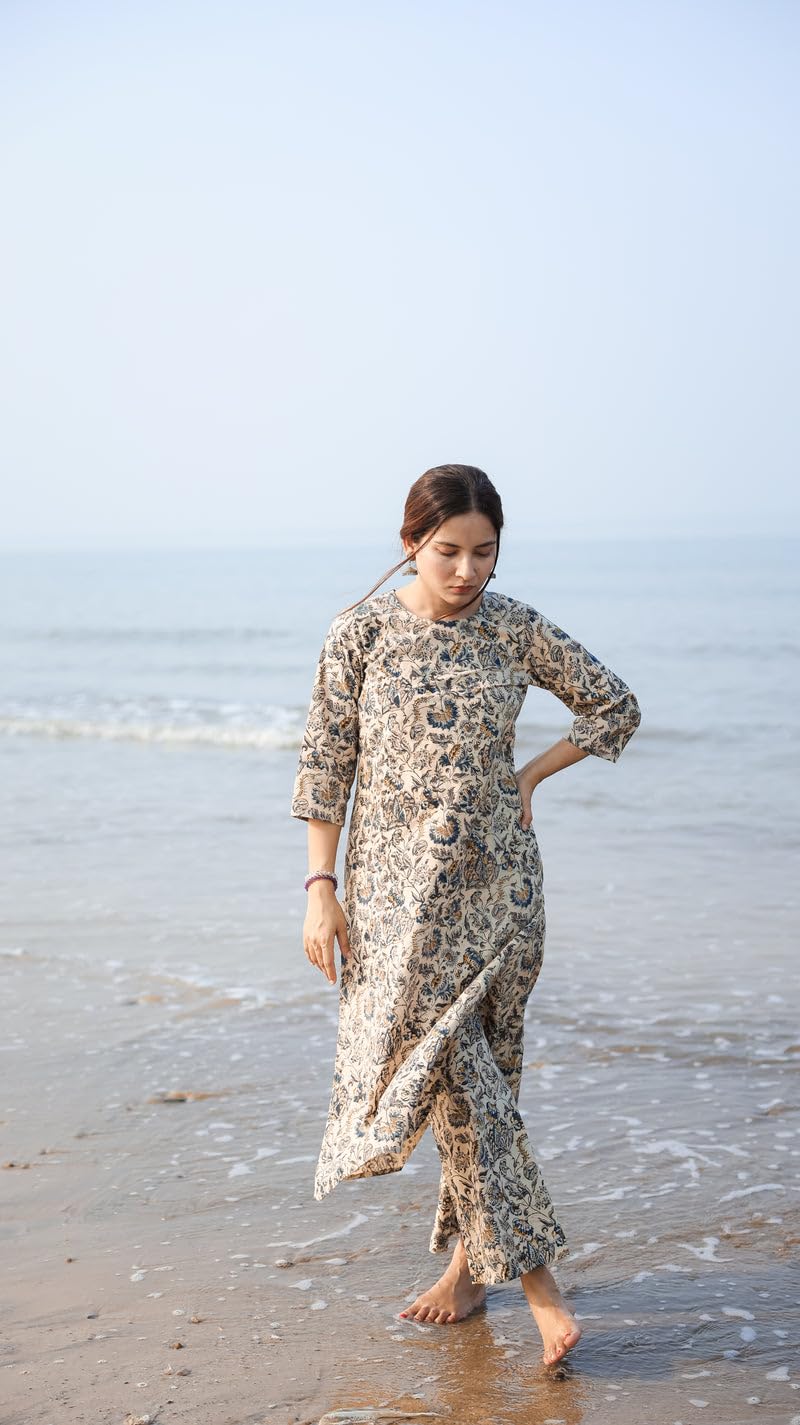 ANNI DESIGNER Ladies Rayon Printed Kurta with Trousers, cream, XL