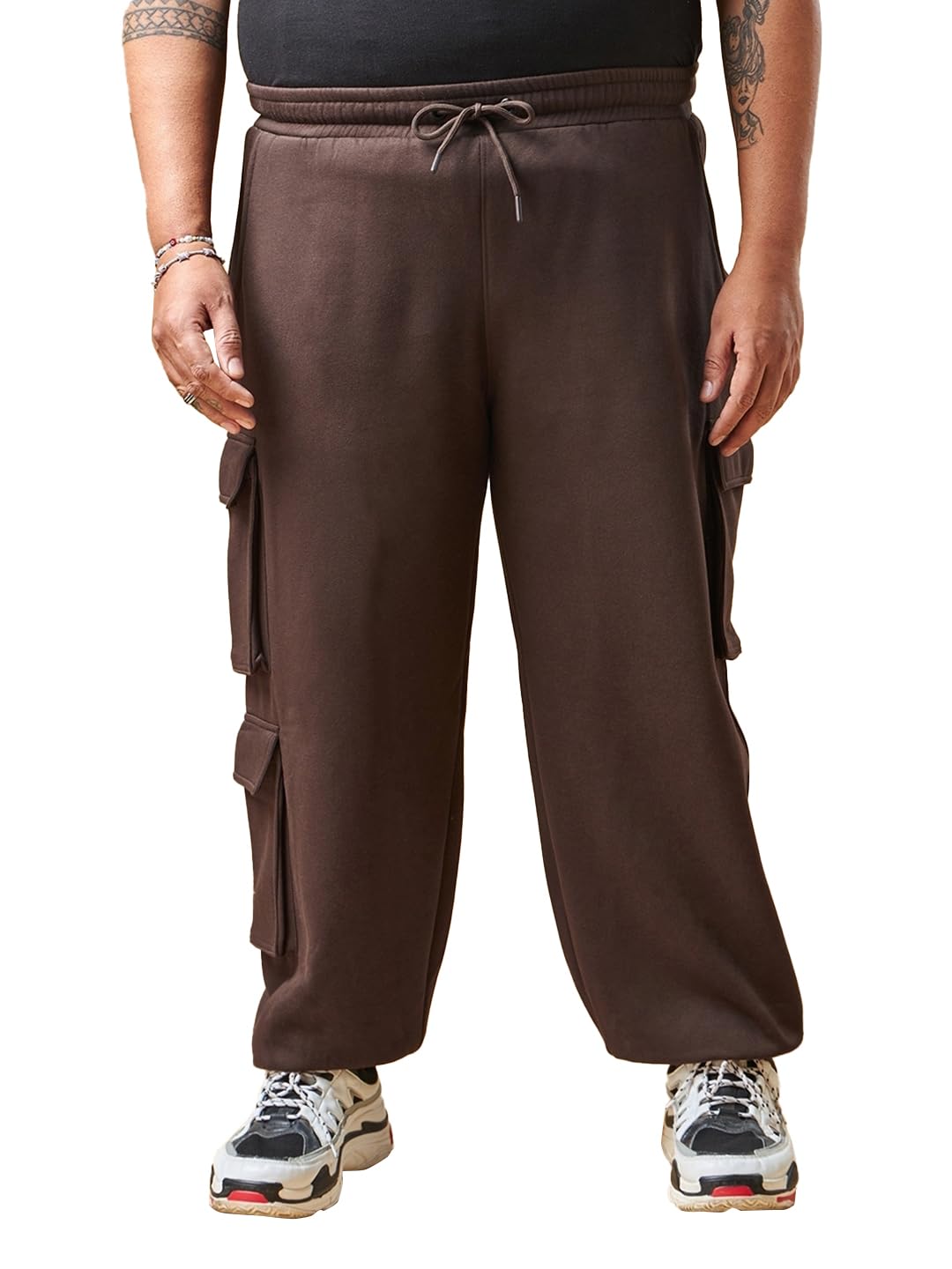Bewakoof Heavy Duty 1.0 Mens Solid Super Loose Fit CTerry Plus Size Cargo Joggers_604176_Brown_4XL