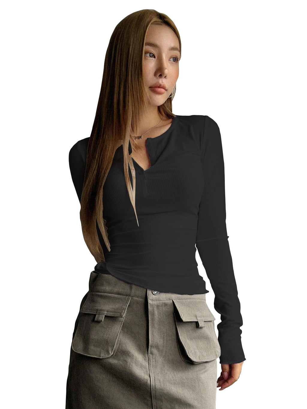 Shasmi Womens & Girls Black Long Sleeve Round Neck Solid Color Ruched Workwear Casual Top Half Button Down Henley T-Shirt for 