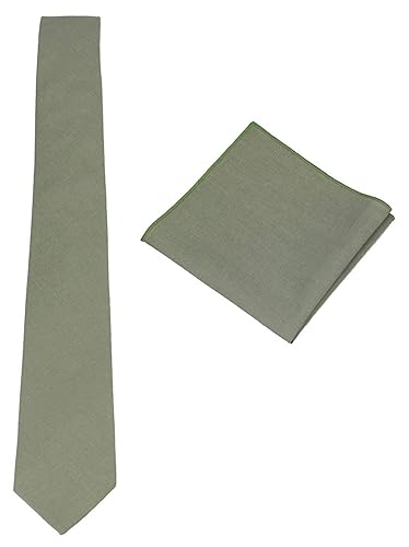 Mens Solid Skinny Linen Tie with Pocket Square Gift, Sage Green, Size One Size