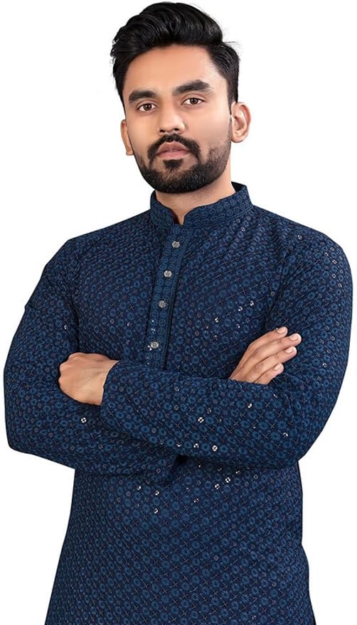 LookMark Present Mens Pure Rayon Chikankari Sequins Kurta||Mens Chikankari Navyblue Coloured Kurta|| AZ-LM-OG-Kurta 11 Navy Bl