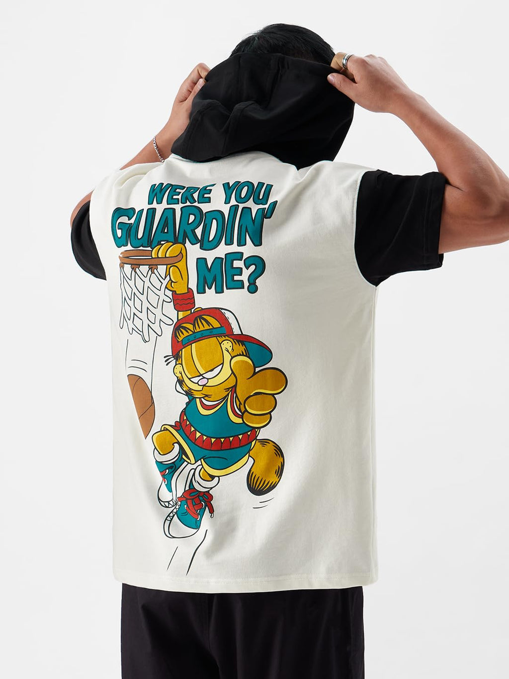 The Souled Store Garfield: Guarding Me? Men and Boys White and Black Graphic Print Short Sleeve Pull On Oversized Fit Hooded T-S