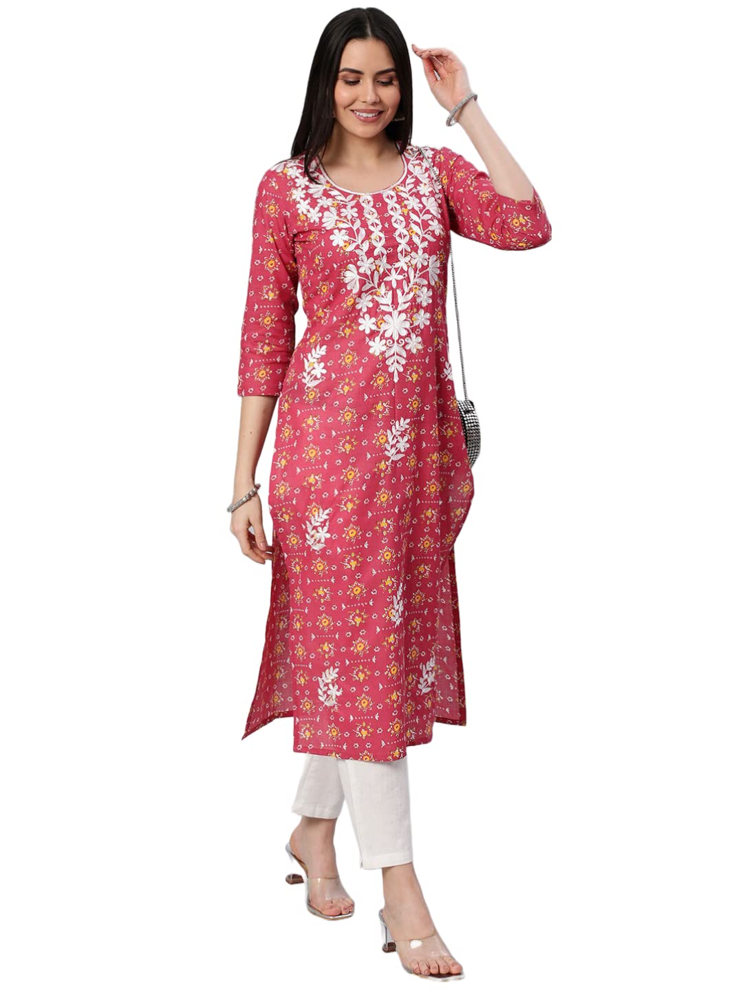 ANNI DESIGNER Womens Cotton Blend Printed Straight Chikankari Embroidered Kurta (Toshi Pink_S_Pink_Small)