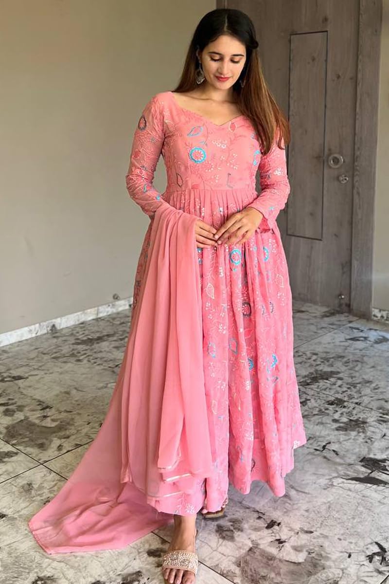 Fashion Basket Havy Georgette Embroidered Anarkali Dress For Women Pink