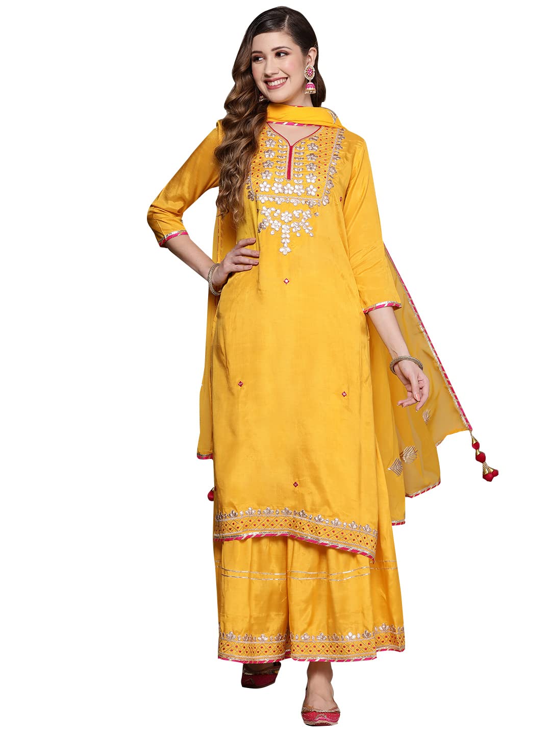 ishin Womens Silk Blend Embroidered A-Line Kurta suit set With Dupatta & Sharara INWSD070_YL_XXL_Yellow