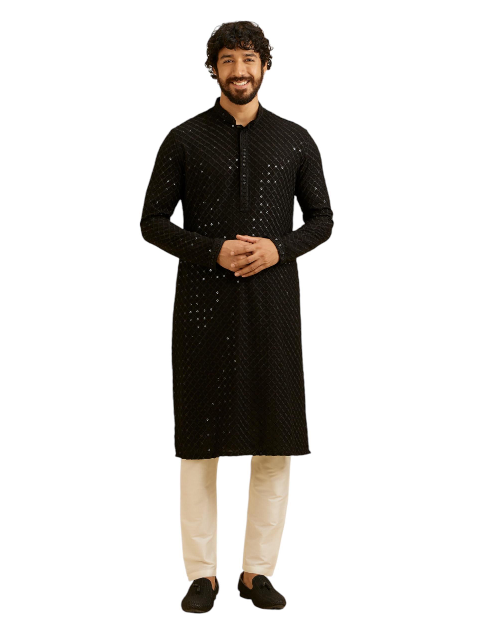 Manyavar MenS Viscose Chikankari | Sequined Kurta Set (Black,Xxl)