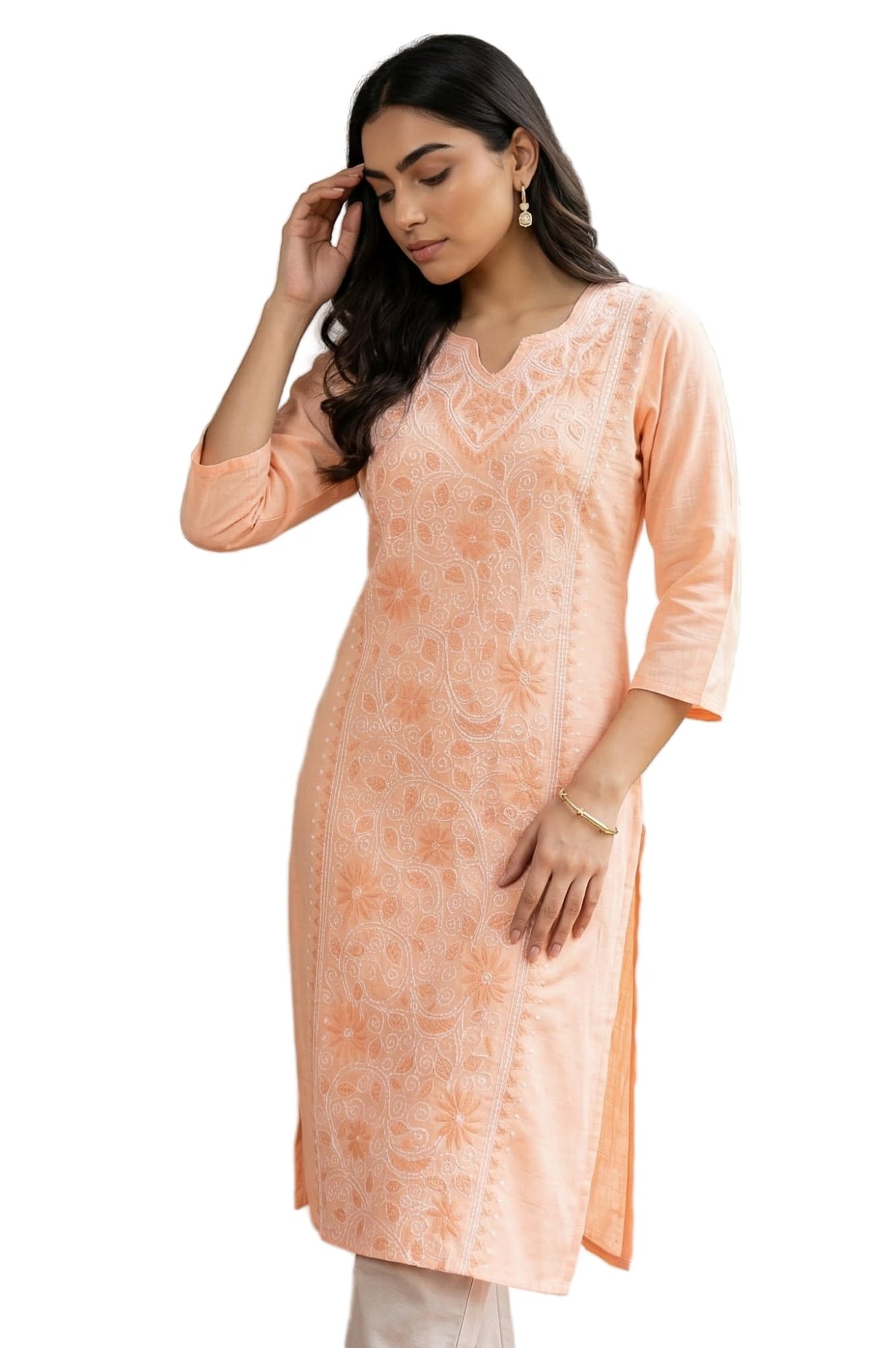 Aurelia Womens Peach Chikankari Embroidered Pure Cotton Straight Kurta - (A16563-609392-XL)