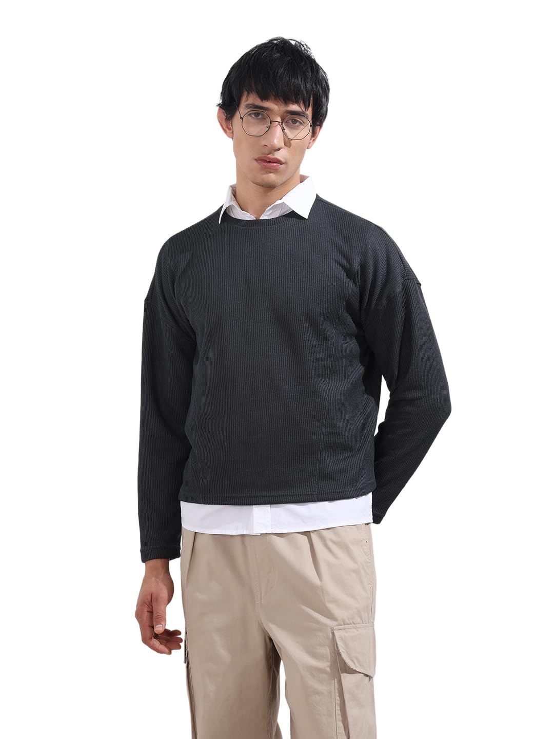 The Indian Garage Co Mens Boxy Textured Full Sleeves Crew Neck T-Shirt