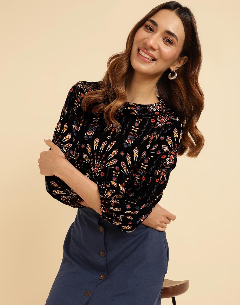 Fabindia Womens Geometric Regular Fit Top (200012701_Black