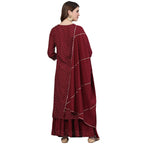 Ishin Women'S Rayon Maroon Yoke Embroidered Straight Kurta Skirt Dupatta Set