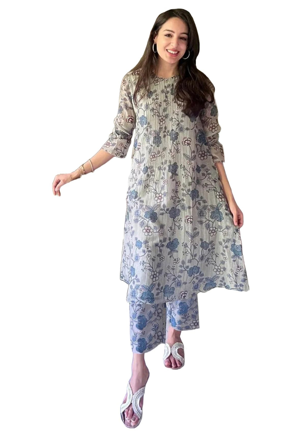 ANNI DESIGNER Womens Rayon Viscose Printed Anarkali Kurta with Pant (JUBI White_S_White_Small)