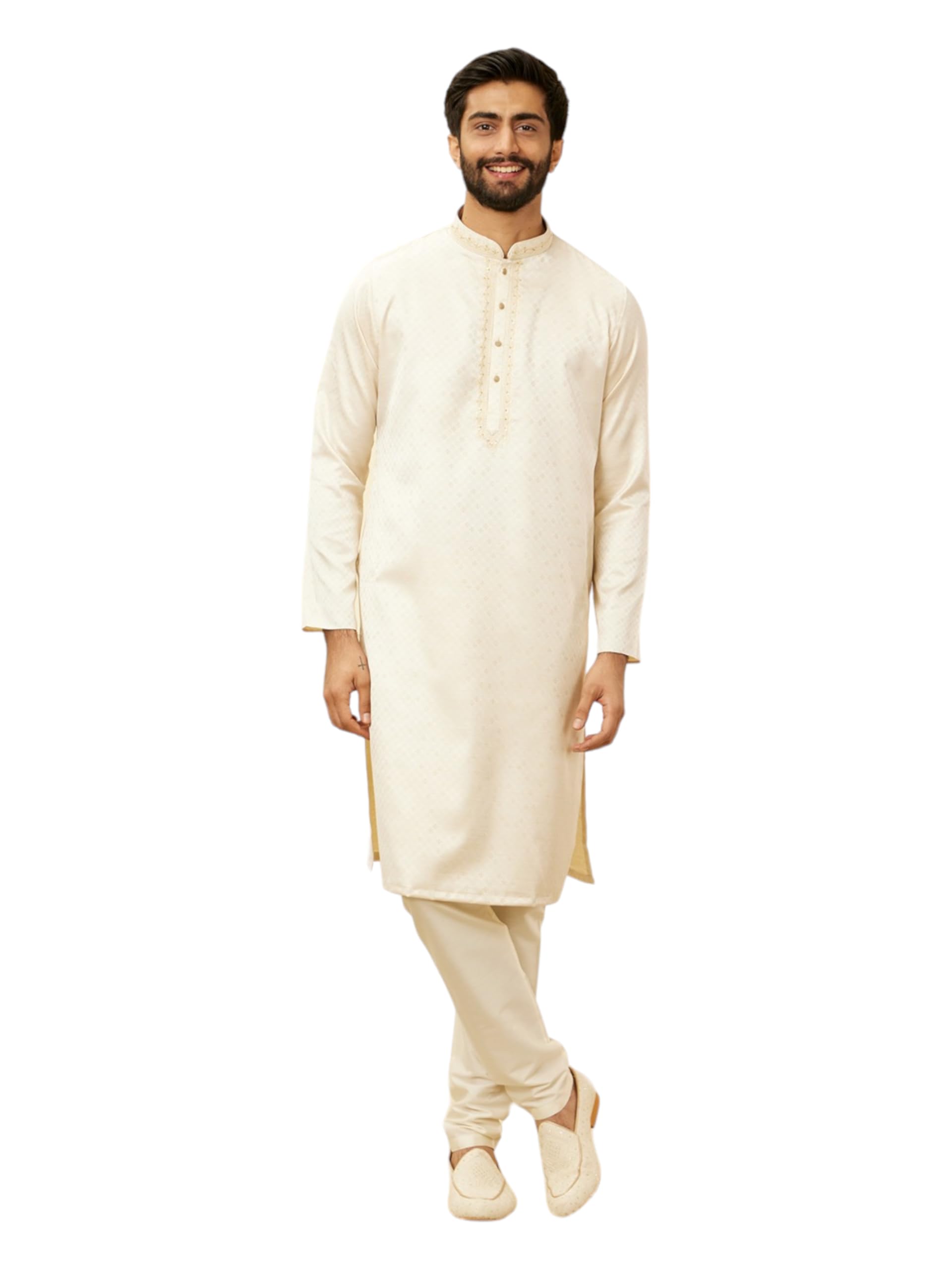 Manyavar Mens Cream Satin Self Design Kurta Pyjama Set