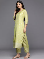 Libas Green Self Design Silk Blend Straight Kurta With Trousers & Dupatta