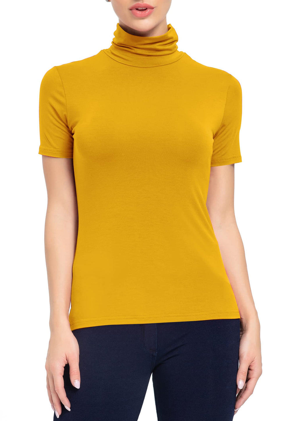 Women's Mock Turtleneck Top Short Sleeve Lightweight Active T-Shirt Mustard Medium