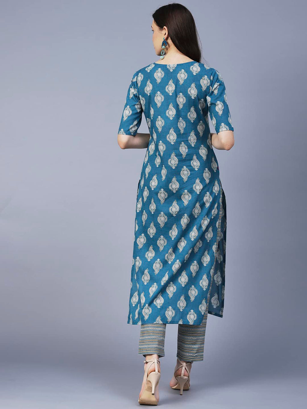 ANNI DESIGNER Womens Cotton Blend Printed Straight Kurta with Pant (SHAGUN-Blue_S_Blue_Small)