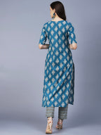 ANNI DESIGNER Womens Cotton Blend Printed Straight Kurta with Pant (SHAGUN-Blue_S_Blue_Small)