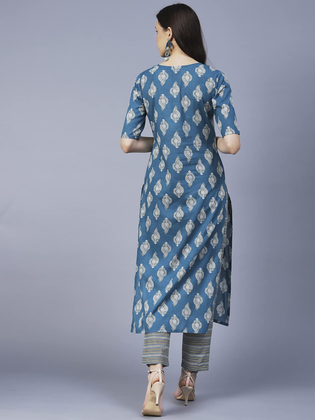 ANNI DESIGNER Womens Cotton Blend Printed Straight Kurta with Pant (SHAGUN-Blue_S_Blue_Small)