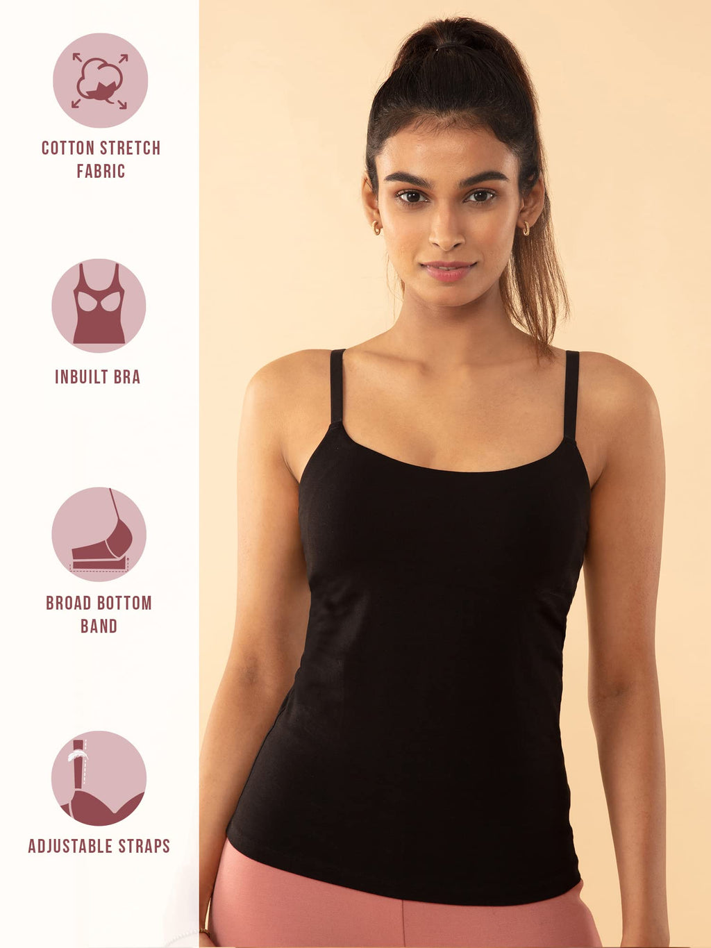 Nykd Cotton Everyday Bramisole For Women - Camisole With In-Built Bra, Padded & Moulded Cups, Adjustable Straps Bramisole, Nyc00
