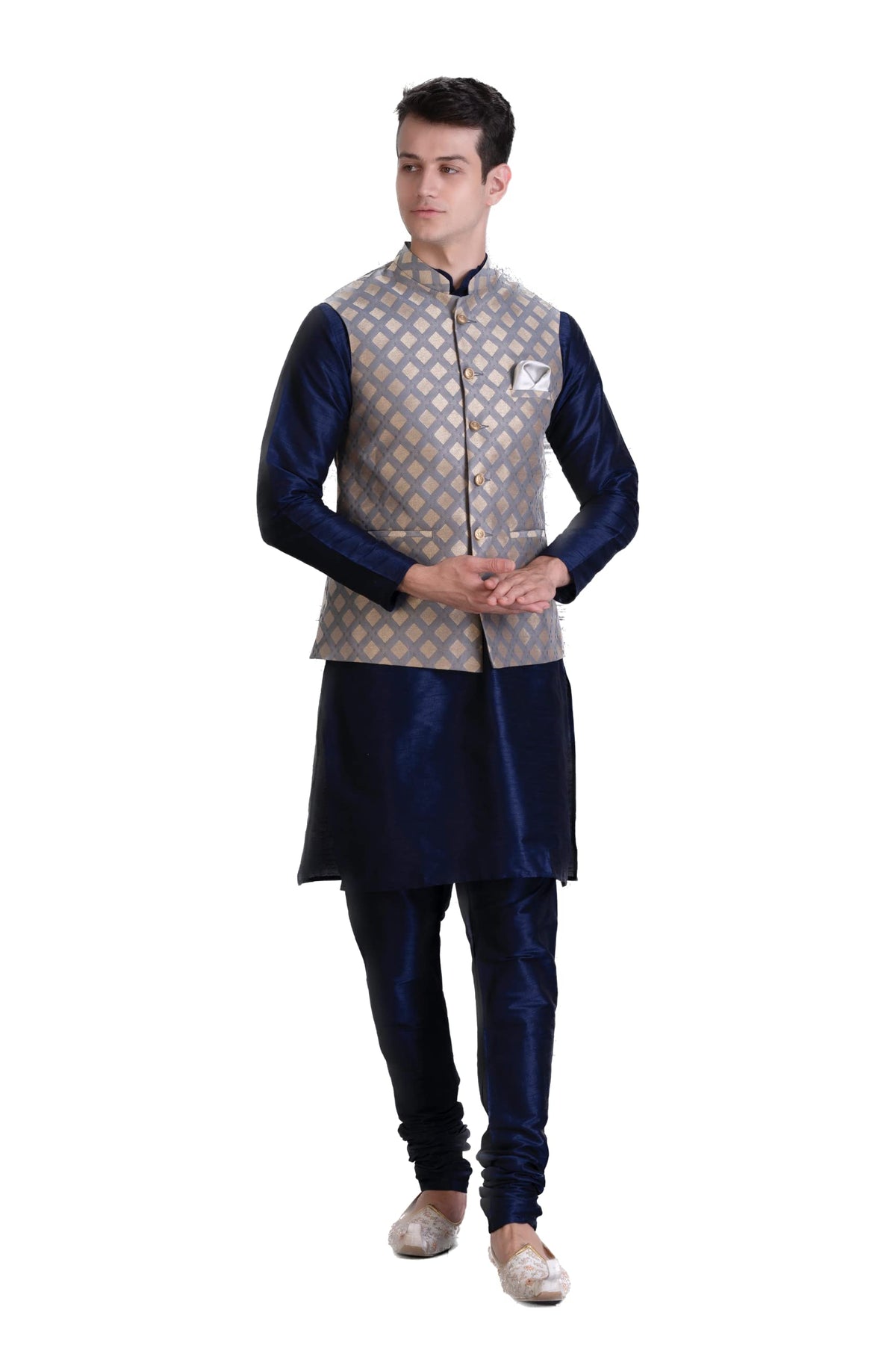 Ethnic Dynasty MenS Kurta Churidar With Ethnic Bundi Jacket Set (38, Navy/Sq Grey) 38