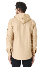 Besix MenS Brown Tailored Fit Cotton Blend Shirt For Man With Hoodie - Casual Long Sleeve Shirt With Pockets - Patch Detail For