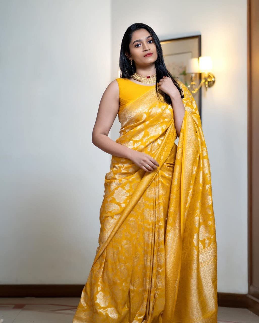 Flosive Womens Present Banarasi Soft Lichi Silk Saree Beautiful Jacquard Rich Pallu Design Work Zari Woven Kanjivaram Silk Styl