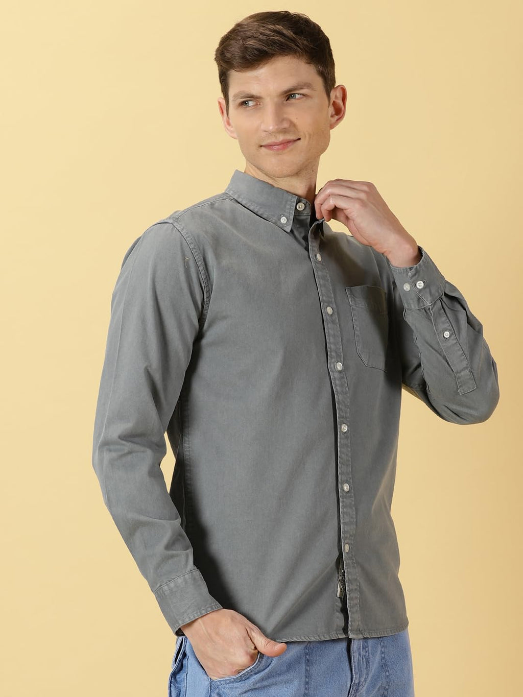 Thomas Scott Mens | Full Sleeve | Solid | Slim Fit | 100% Cotton | Spread Collar | Casual Shirts (Available in Plus Size) (Grey_