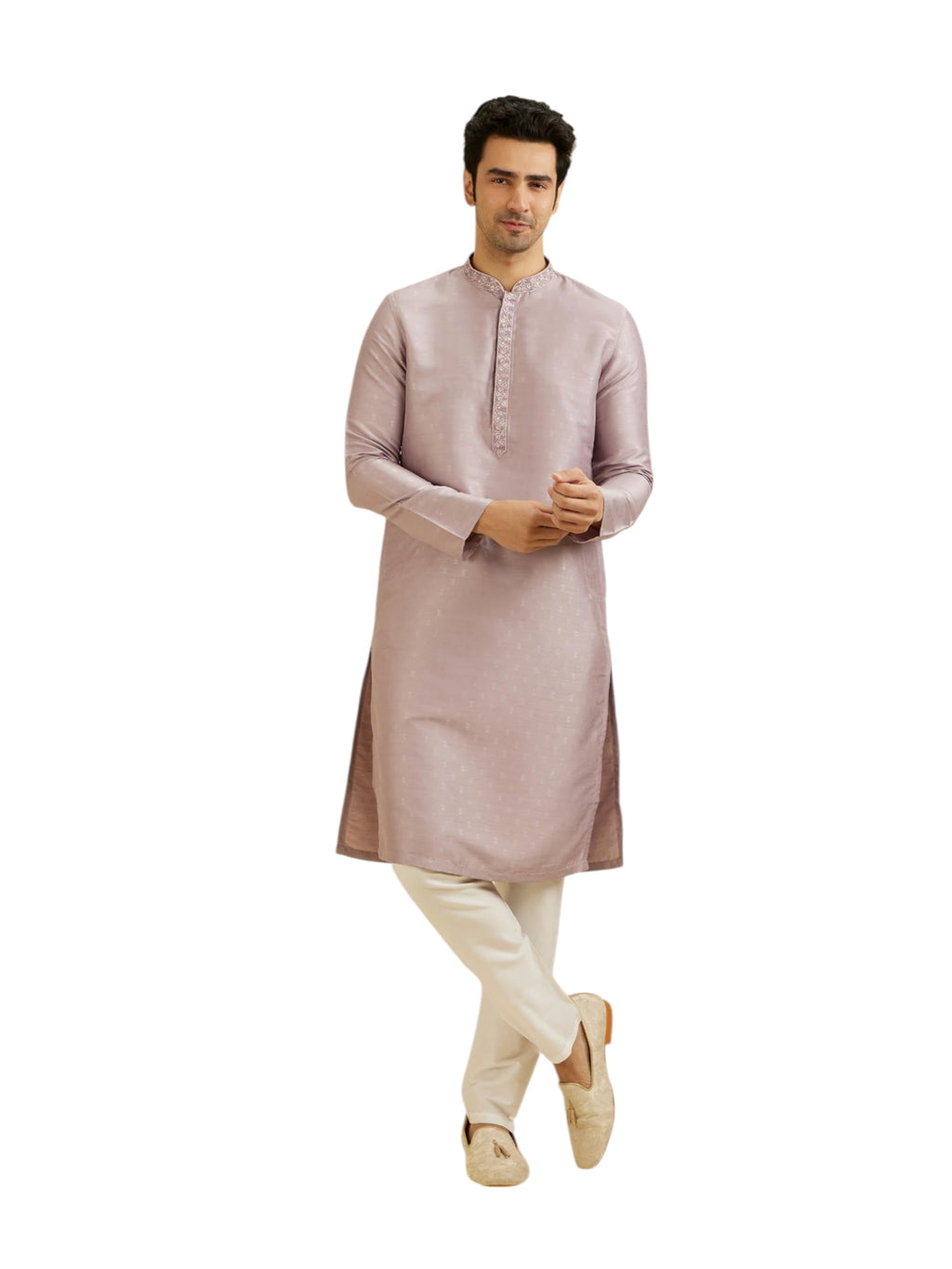 Manyavar Mens Art Silk Embroidered Neckline Kurta Set (Lilac,XL)
