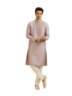Manyavar Mens Art Silk Embroidered Neckline Kurta Set (Lilac,XL)