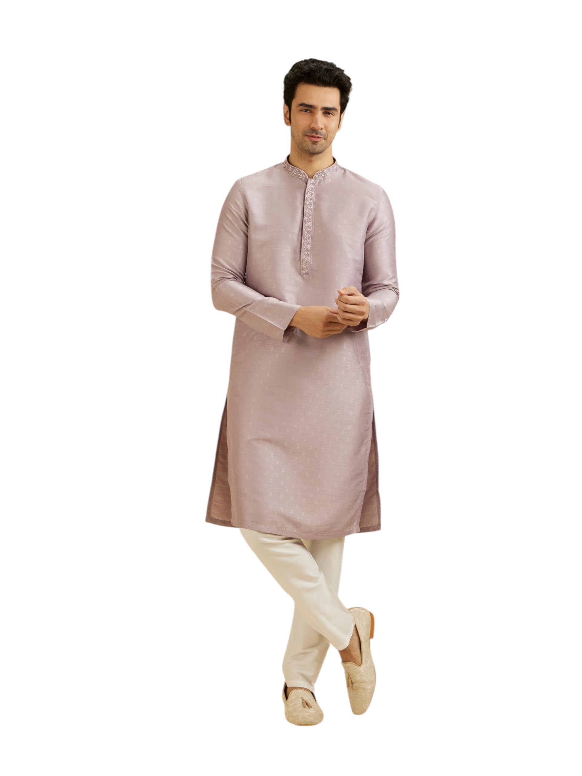 Manyavar Mens Art Silk Embroidered Neckline Kurta Set (Lilac,XL)