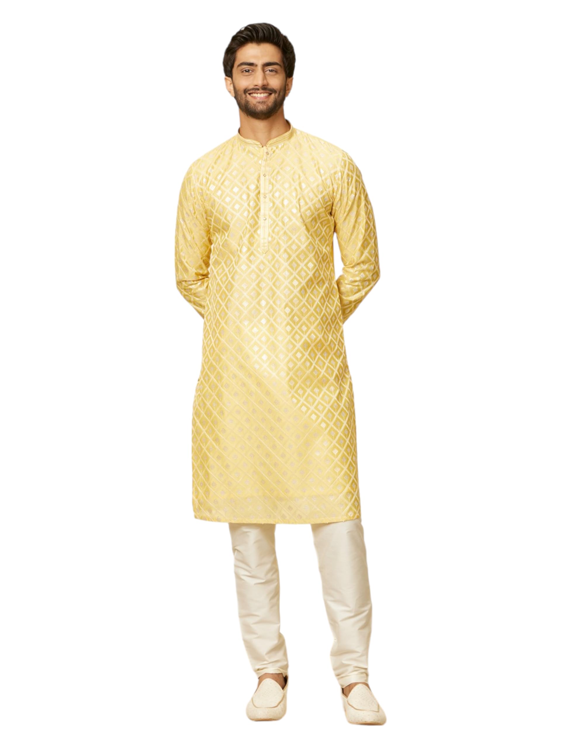 Manyavar Mens Yellow Chanderi Embroidered Kurta Pyjama Set