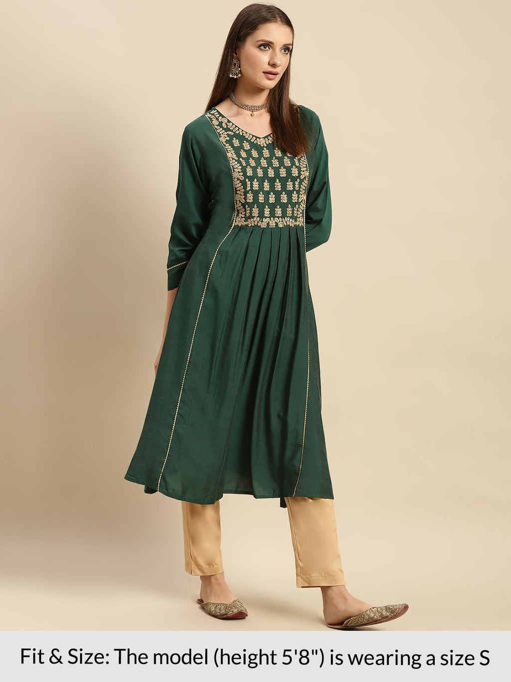 Rangita Green Viscose Blend Calf Length Embroidered Flared Kurti For Women | Kurta For Women